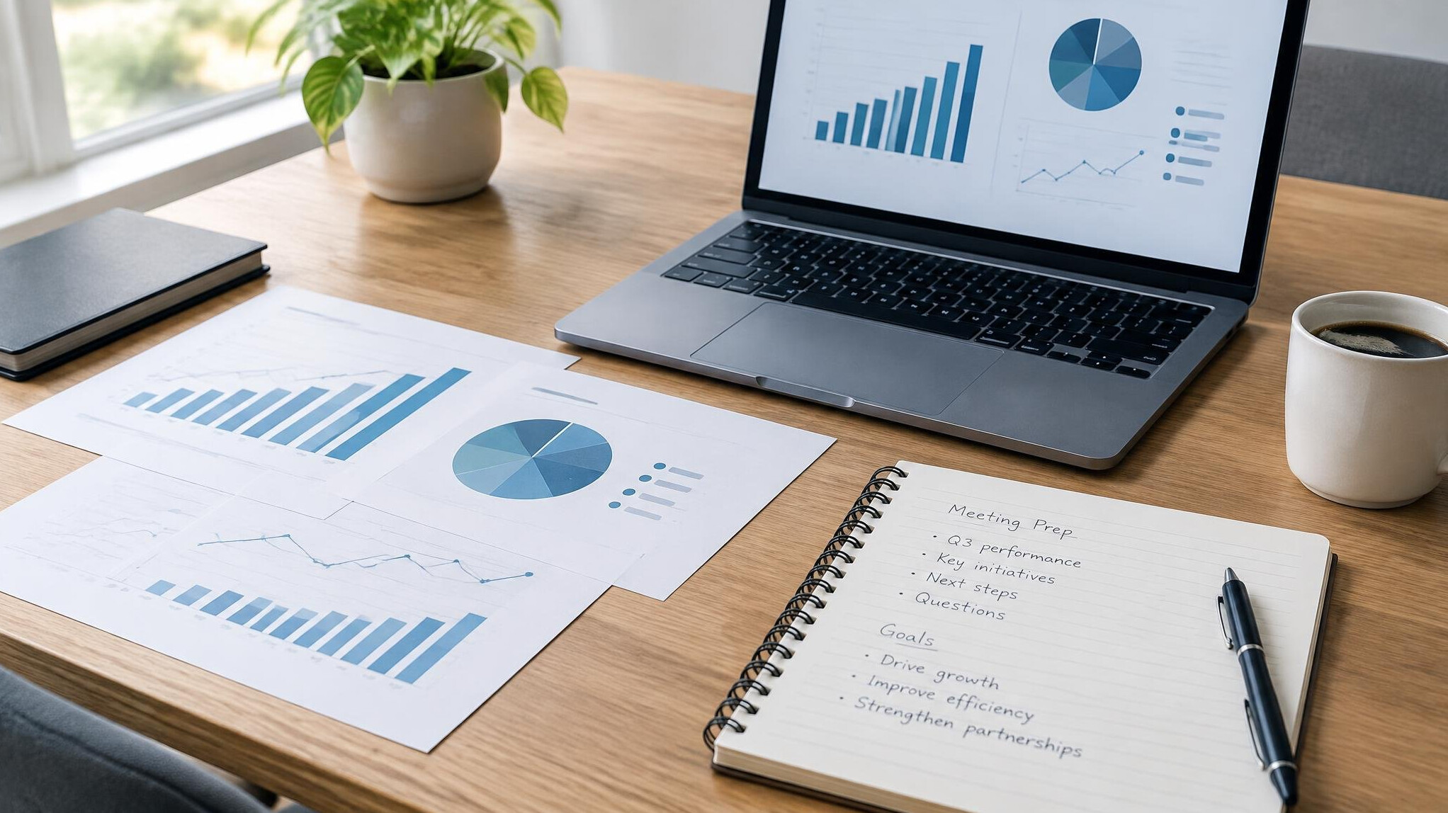 Desk with laptop and documents with charts