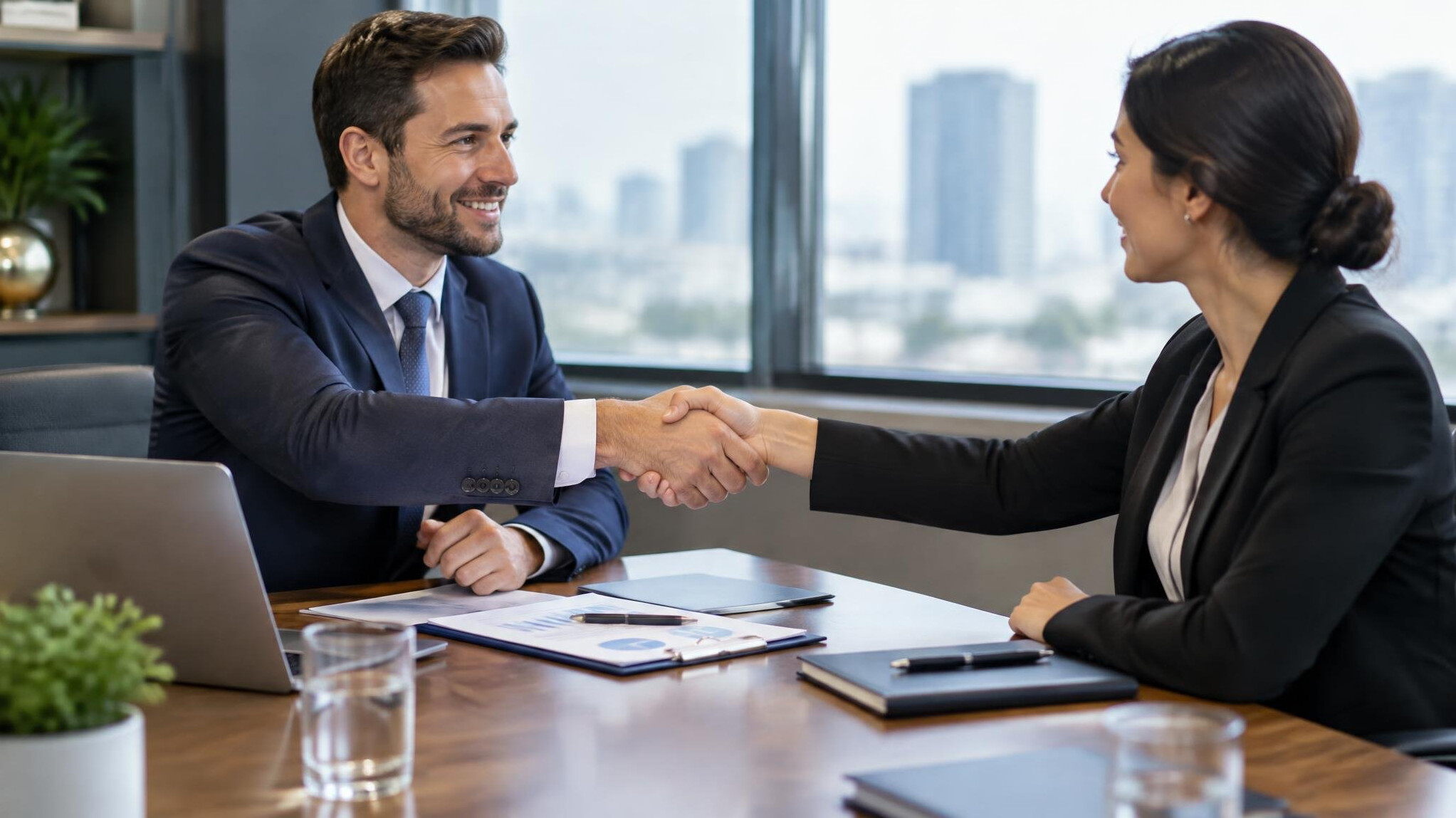 business handshake in office